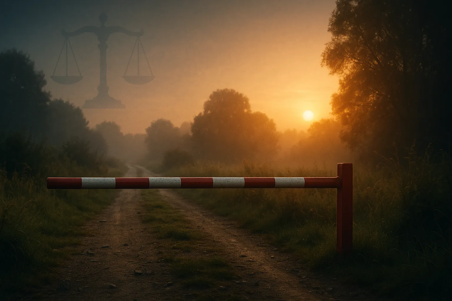 Abus de droit de passage : barrière rouge et blanche bloquant un chemin rural au lever du jour, symbolisant l’entrave d’une servitude de passage (ambiance réaliste, cinématographique).