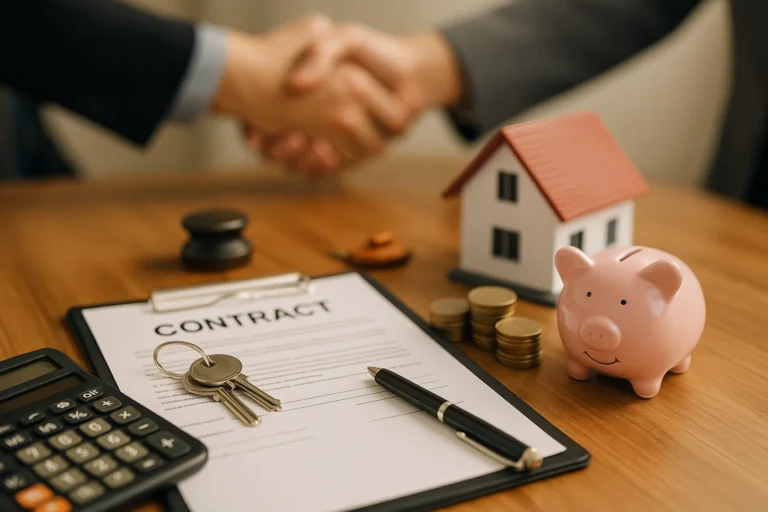 Location-vente et PSLA : clés, contrat sur clipboard, tirelire cochon, calculatrice et mini-maison sur un bureau, avec poignée de main