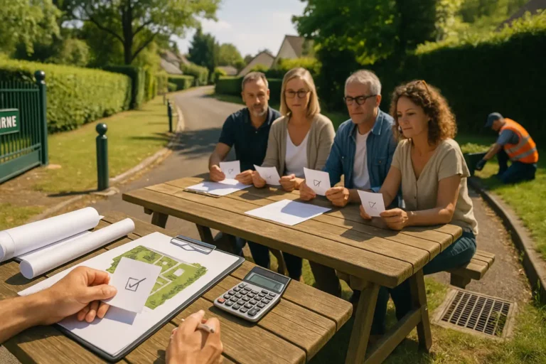 Association syndicale libre (ASL) : réunion de voisins votant autour d’une table près d’une voirie privée et d’espaces verts, illustrant AG, budget et gestion des équipements communs.