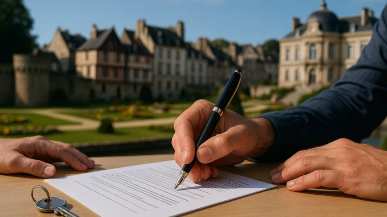 Signature d’un bail locatif à Vannes (Morbihan) avec clés et contrat, spécificités locales hors zone tendue.