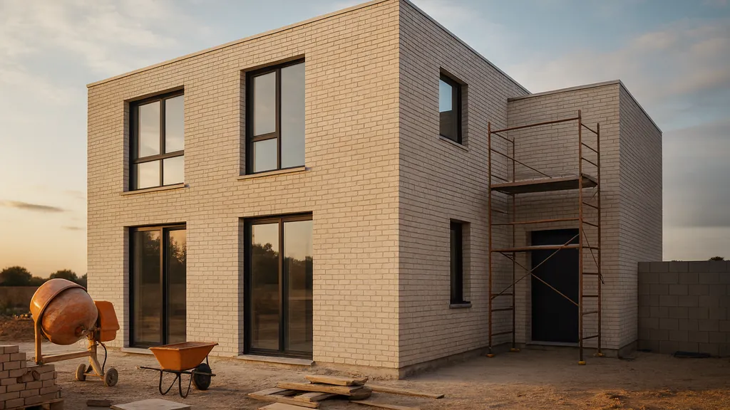 Maison moderne en briques en construction au coucher du soleil — chantier Briqueterie Chimot