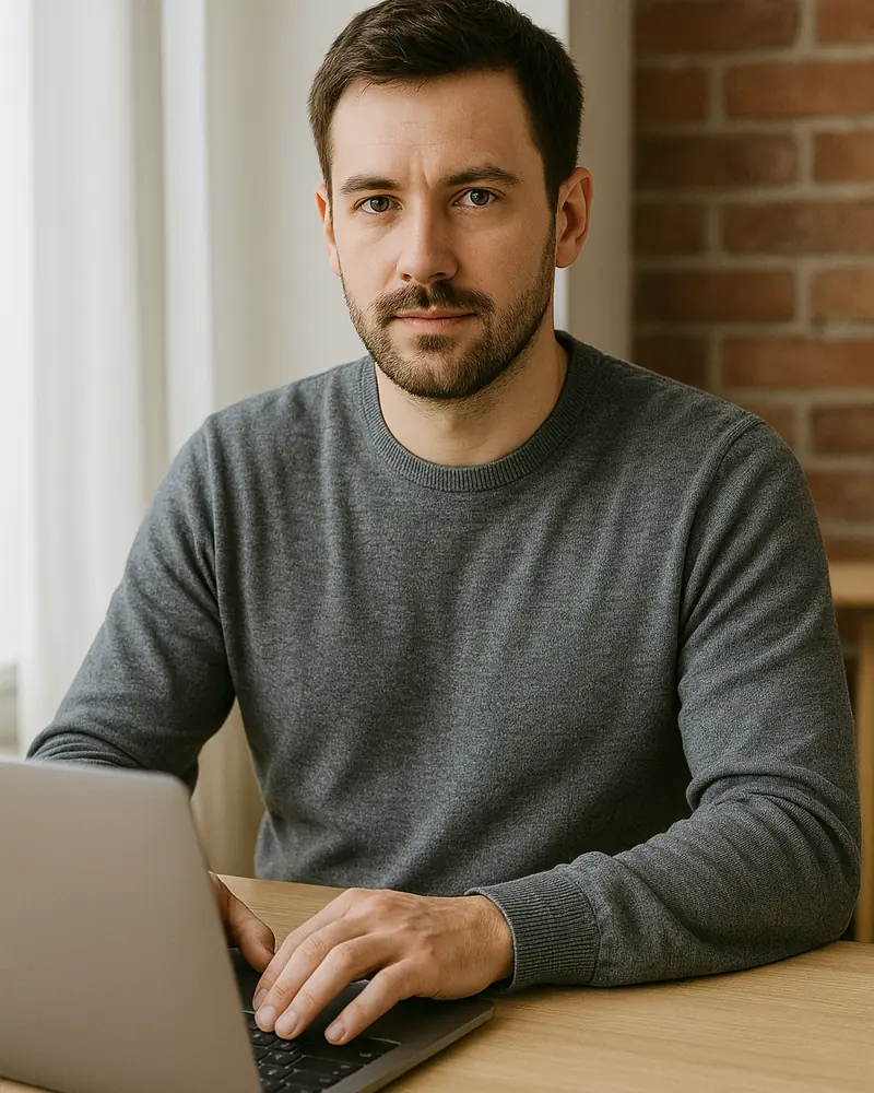 Hugo Bernard , rédacteur technique maison/travaux tapant sur un ordinateur portable près d’une fenêtre — portrait professionnel