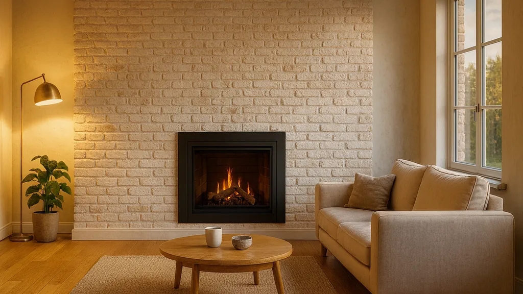 Pièce de vie chaleureuse avec mur en brique et cheminée encastrée — confort maison & travaux
