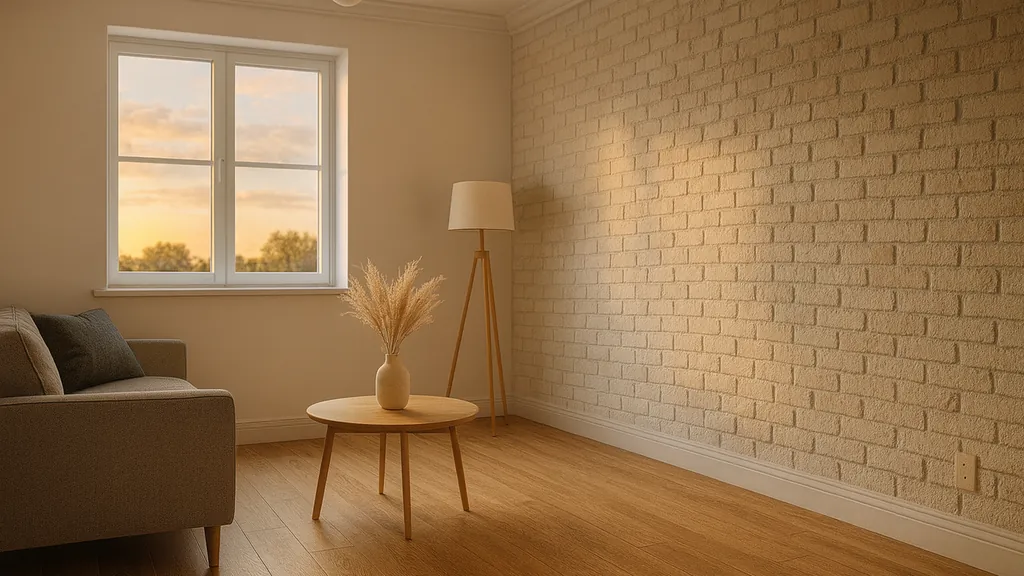 Salon minimaliste éclairé en fin de journée avec mur en brique peinte — inspiration rénovation