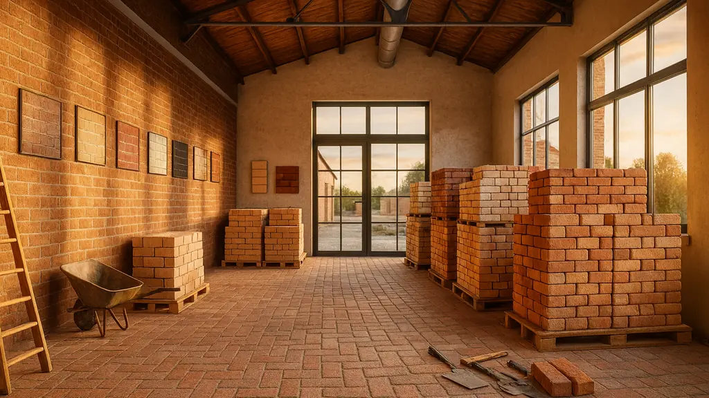 Showroom de briques avec palettes et échantillons muraux — matériaux pour la maison