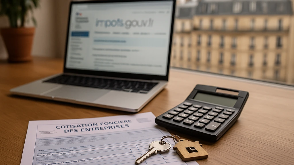 CFE LMNP : bureau avec calculatrice, clés de logement et ordinateur ouvert sur impots.gouv.fr — illustration de la déclaration 1447-C-SD et des exonérations.