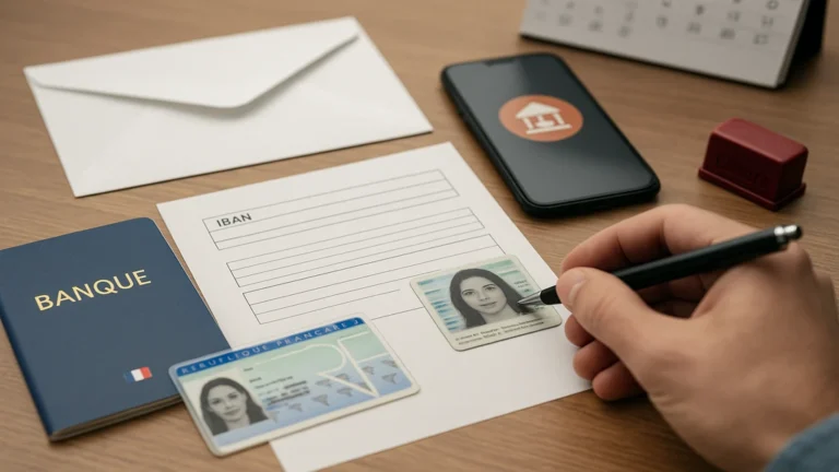 Démarches de clôture d’un PEL : formulaire IBAN, carte d’identité et carnet bancaire sur un bureau, symbolisant la demande de fermeture, le RIB et le virement final