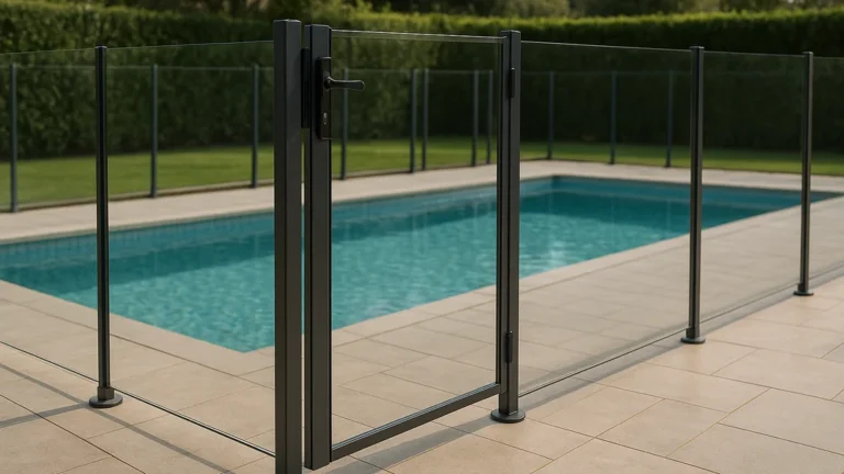 Clôture pour piscine conforme NF P90-306 avec portillon auto-fermant et verrouillage sécurisé autour d’une piscine privée