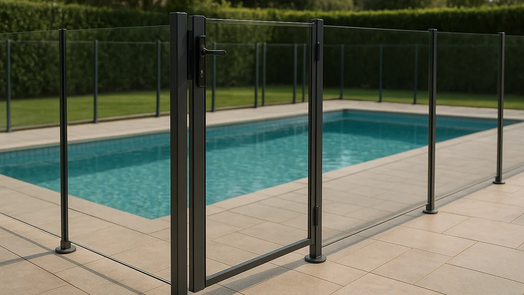 Clôture pour piscine conforme NF P90-306 avec portillon auto-fermant et verrouillage sécurisé autour d’une piscine privée
