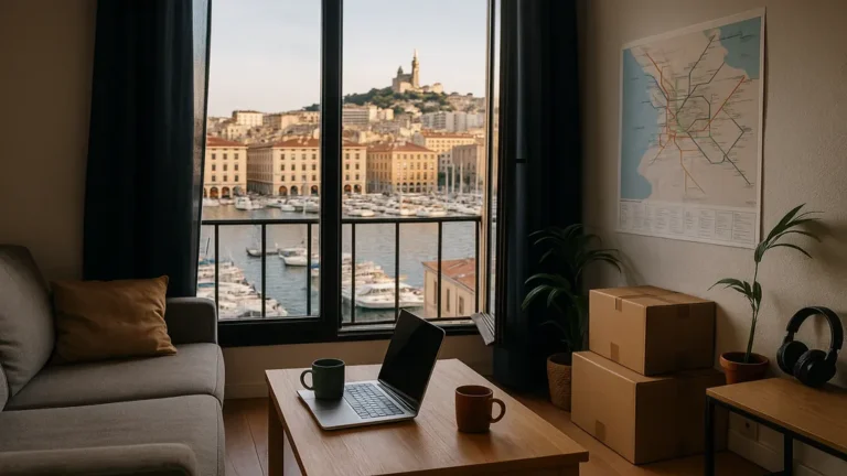 Salon de colocation à Marseille avec vue sur le Vieux-Port depuis une fenêtre, cartons de déménagement et plan du métro