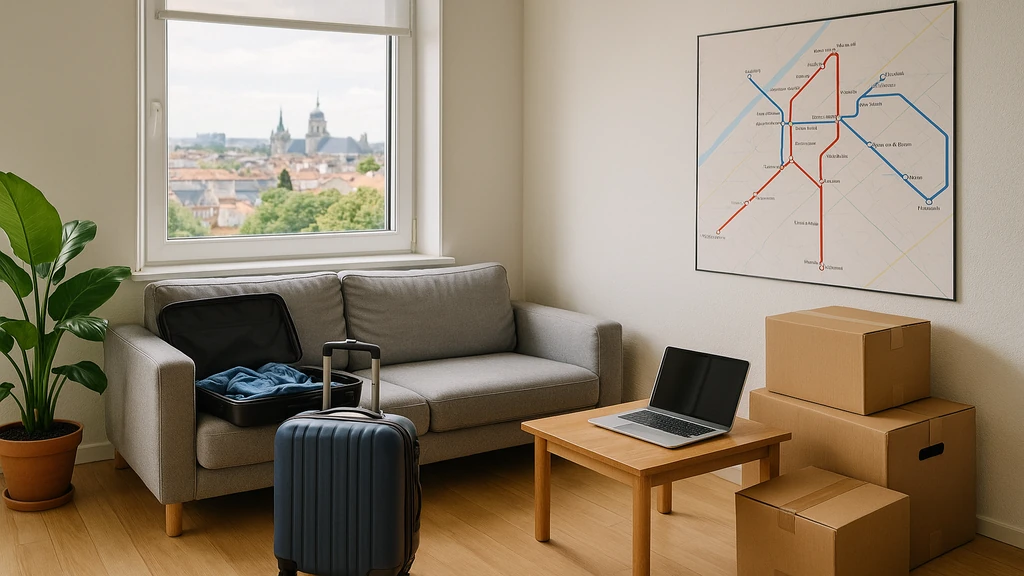 Salon de colocation à Rennes avec valise, cartons et ordinateur, vue sur les toits et la cathédrale, carte du métro au mur