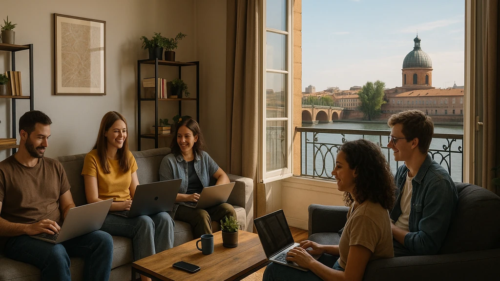 Colocation Toulouse : salon lumineux d’un appartement partagé avec vue sur la Garonne et Pont Neuf, colocataires travaillant sur leurs laptops