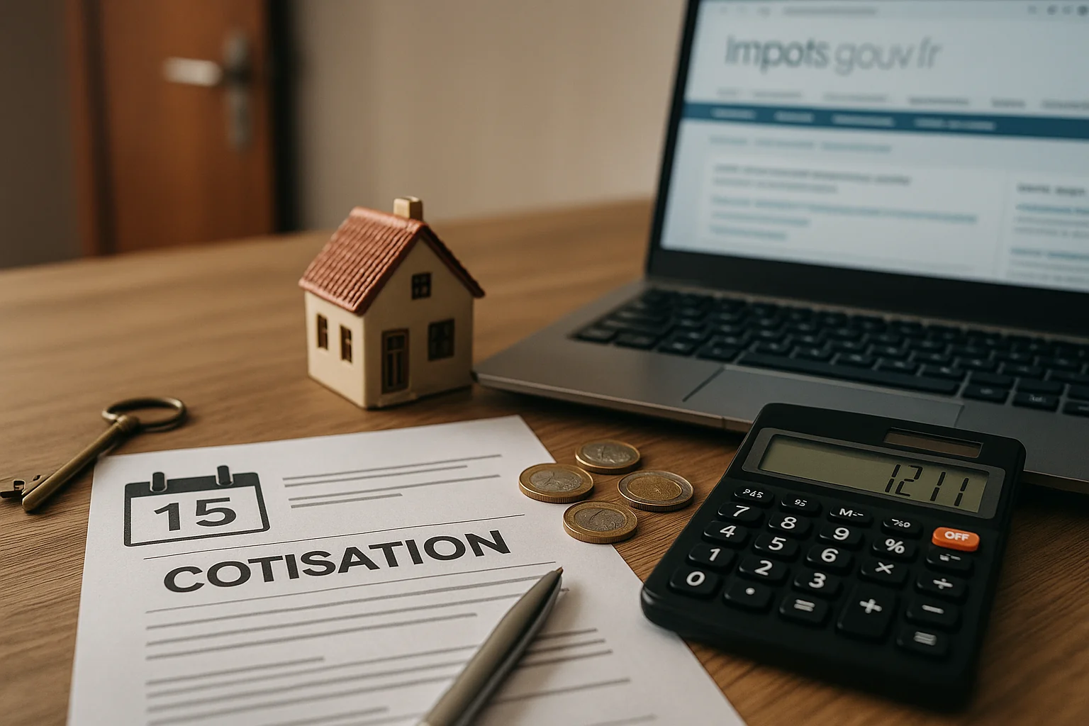 CFE LMNP : maquette de maison, pièces en euros, calculatrice et écran impots.gouv.fr sur un bureau, illustrant calcul et paiement de la cotisation foncière des entreprises