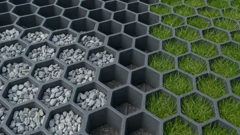 Dalle alvéolée de stabilisation en nid d’abeille, moitié remplie de gravier et moitié engazonnée pour parking perméable