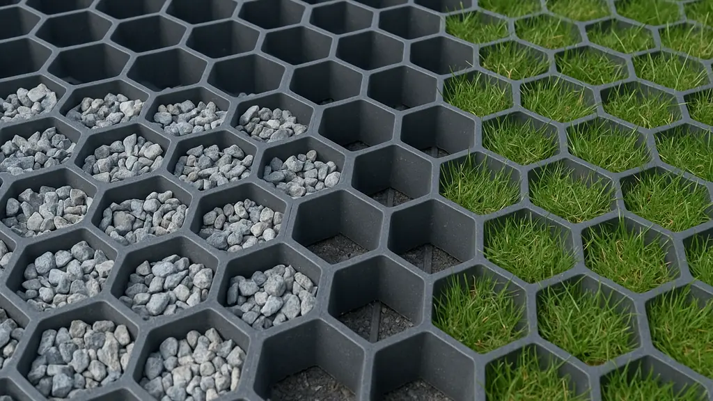 Dalle alvéolée de stabilisation en nid d’abeille, moitié remplie de gravier et moitié engazonnée pour parking perméable