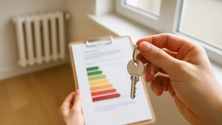Location d’un logement classé DPE E : main tenant une clé avec radiateur et fenêtre en arrière-plan