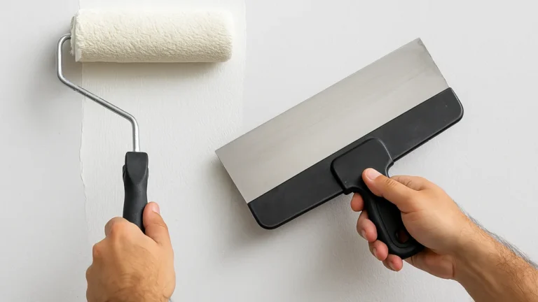 Application d’un enduit de lissage au rouleau avec lissage immédiat à la lame sur mur intérieur, finition prête à peindre
