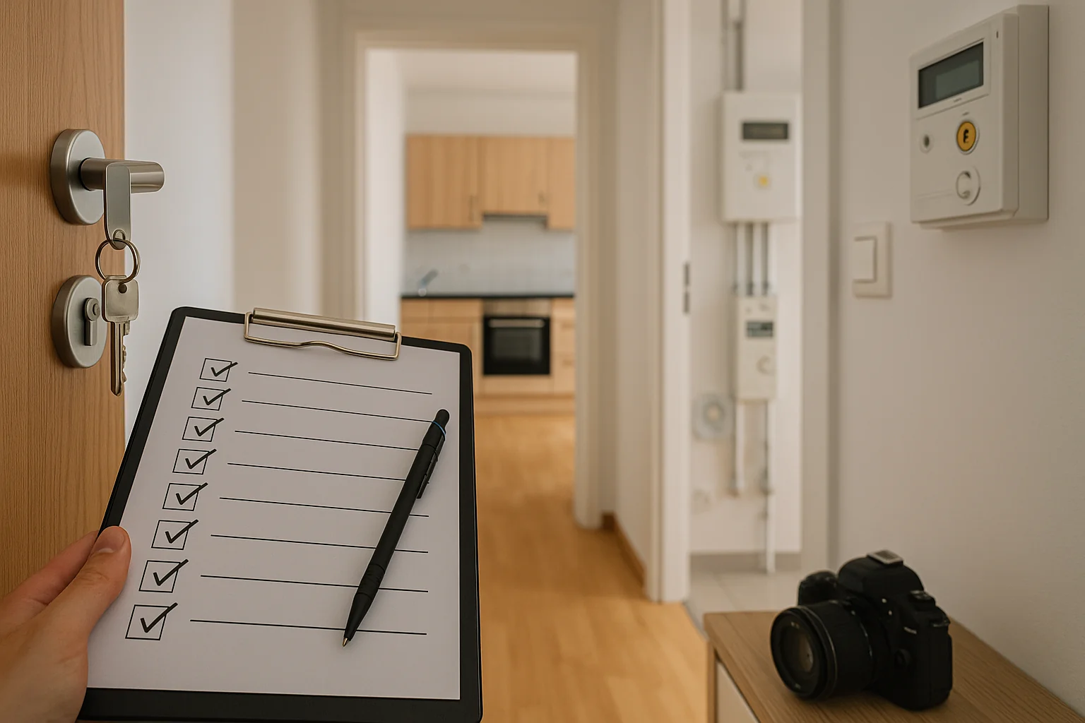État des lieux d’entrée meublé : clé dans la porte, clipboard de contrôle et vue sur cuisine avec compteurs visibles, illustrant vérifications et preuves à rassembler