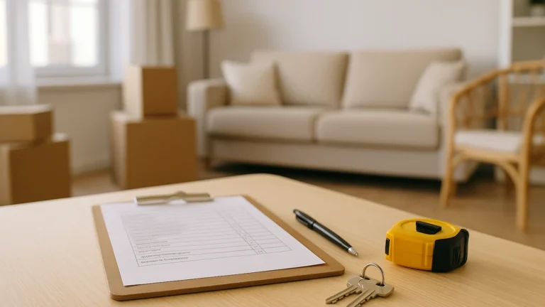 État des lieux meublé : check-list sur clipboard, clés et mètre sur table dans un salon lumineux prêt pour l’inventaire du mobilier.