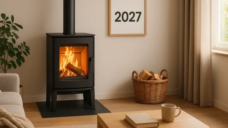 Poêle à bois performant en salon, rappel du contexte 2027 : pas d’interdiction générale, révision Ecodesign pour appareils neufs uniquement