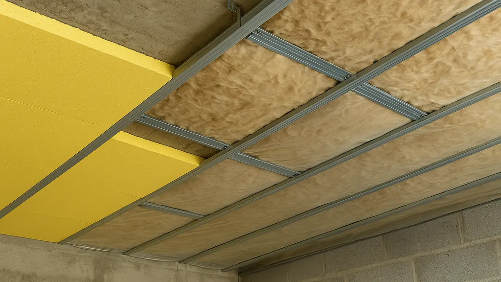 Isolant pour plafond : panneaux XPS/PUR collés sous dalle béton et laine minérale sous ossature avec pare-vapeur