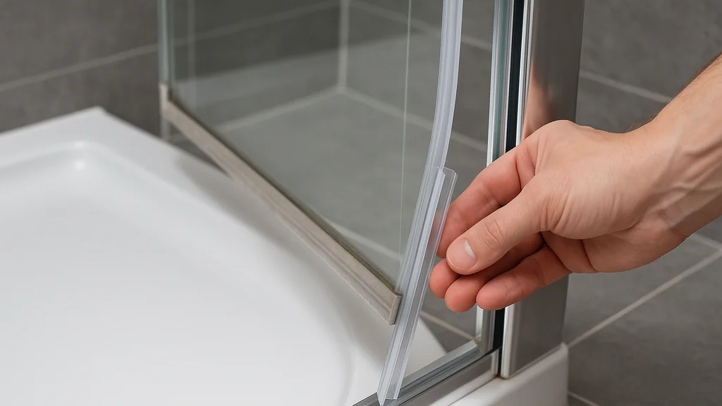 Joint pour porte de douche : gros plan sur le remplacement d’un joint bas clipsable sur verre 6–8 mm, étanchéité au receveur