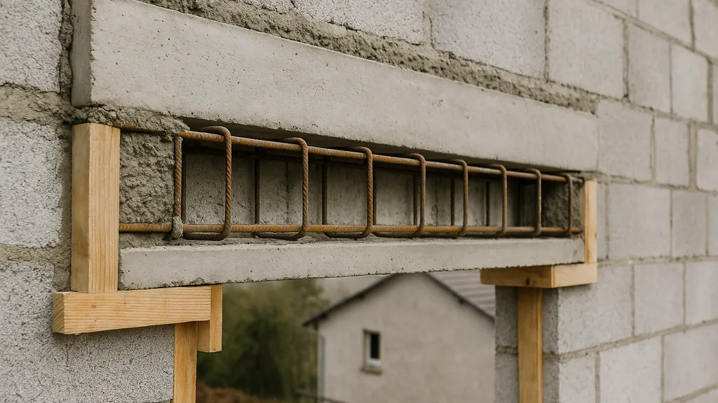 Linteau béton : choisir le bon système, réussir la pose, éviter les erreurs 1 Linteau béton armé au-dessus d’une ouverture, cage d’armatures apparente et appuis sur blocs béton — exemple de mise en œuvre sur chantier