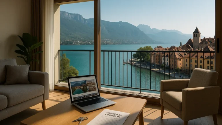 Location appartement Annecy : salon d’un logement moderne avec vue sur le lac, clés et dossier de location sur la table — illustrant la réactivité et le dossier solide.