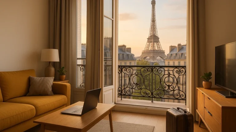 Location meublée Paris courte durée : salon parisien avec balcon haussmannien et vue sur la tour Eiffel, valise et ordinateur — idéal pour bail mobilité ou meublé de tourisme.
