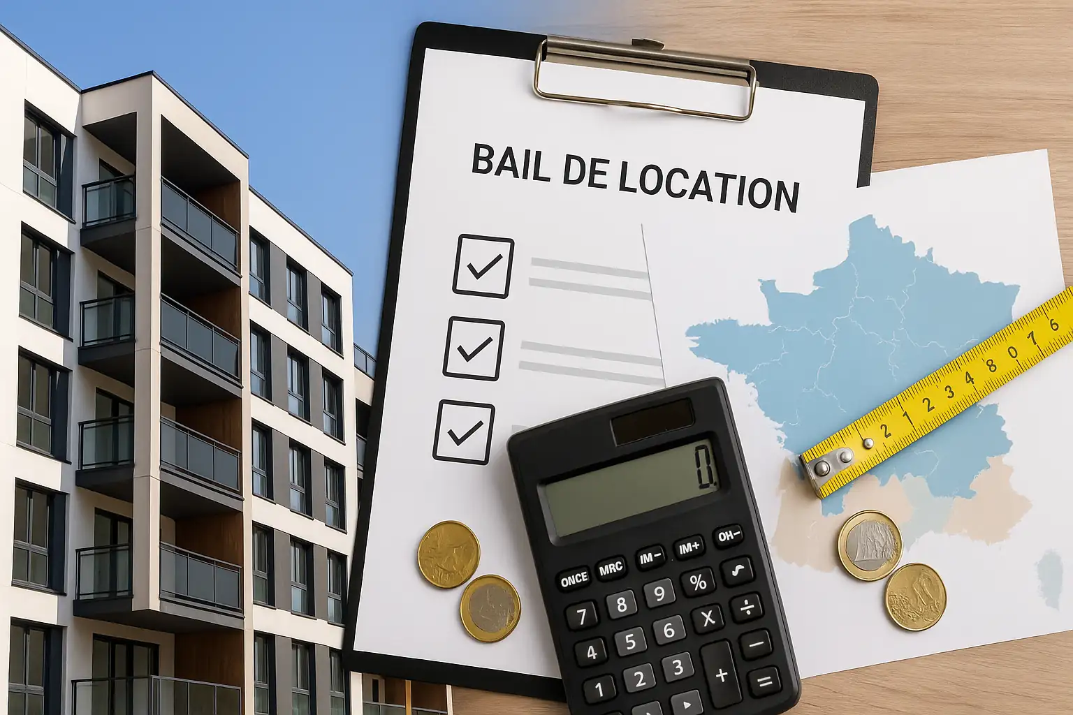 Dispositif Pinel : immeuble récent, calculatrice, pièces en euros et plan de la France symbolisant zones A/A bis/B1/B2/C et calcul du loyer plafonné