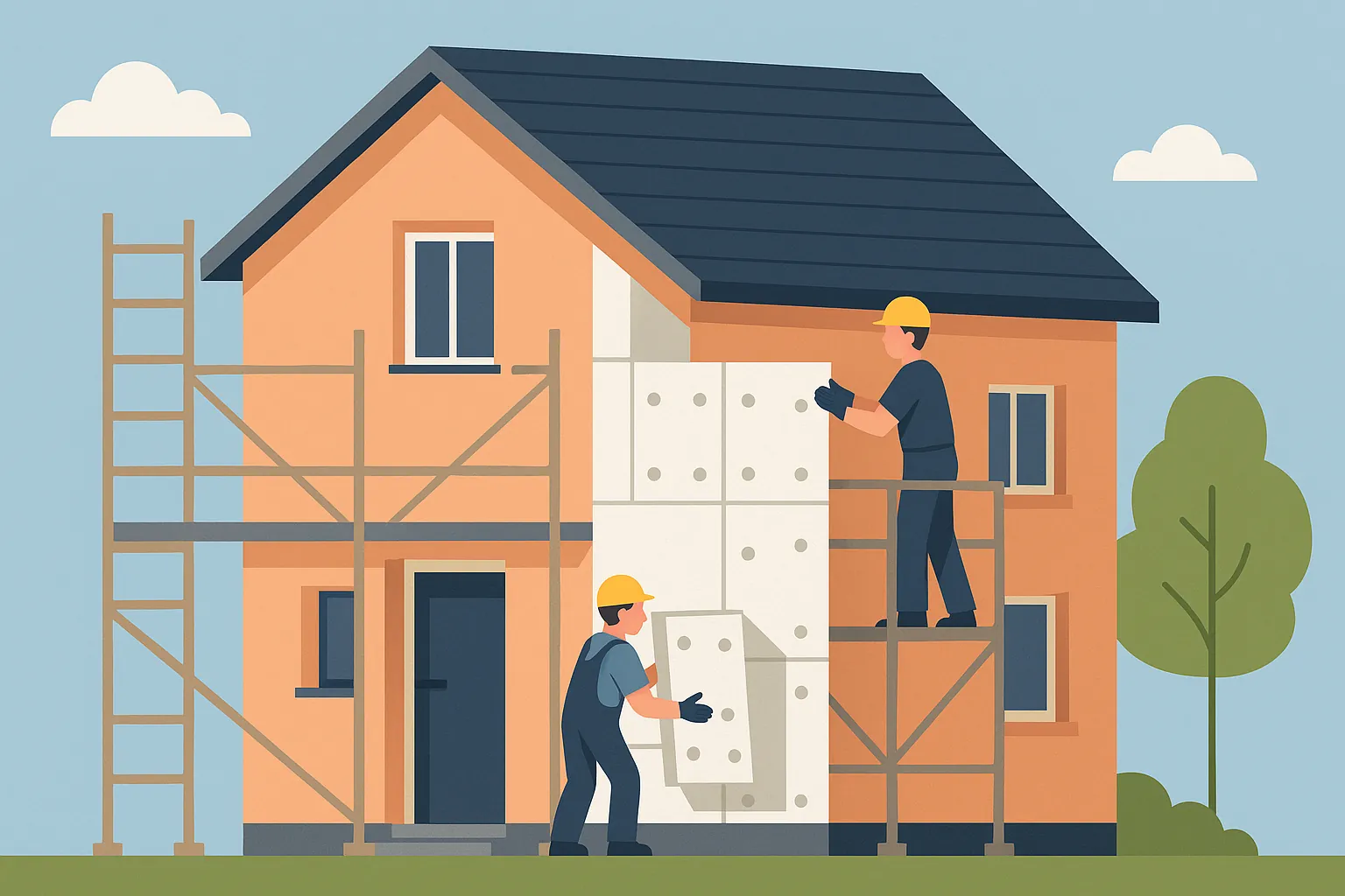 Isolation extérieure maison : pose de panneaux PSE sous enduit sur échafaudage – ITE 120–270 €/m², R≥3,7 m²·K/W, aides MaPrimeRénov’ 2025.