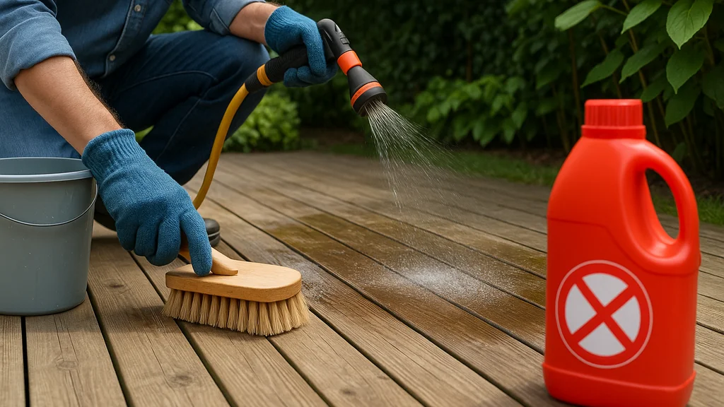 Nettoyage terrasse bois : brosse et eau tiède sur lames en extérieur, sans javel, pression modérée