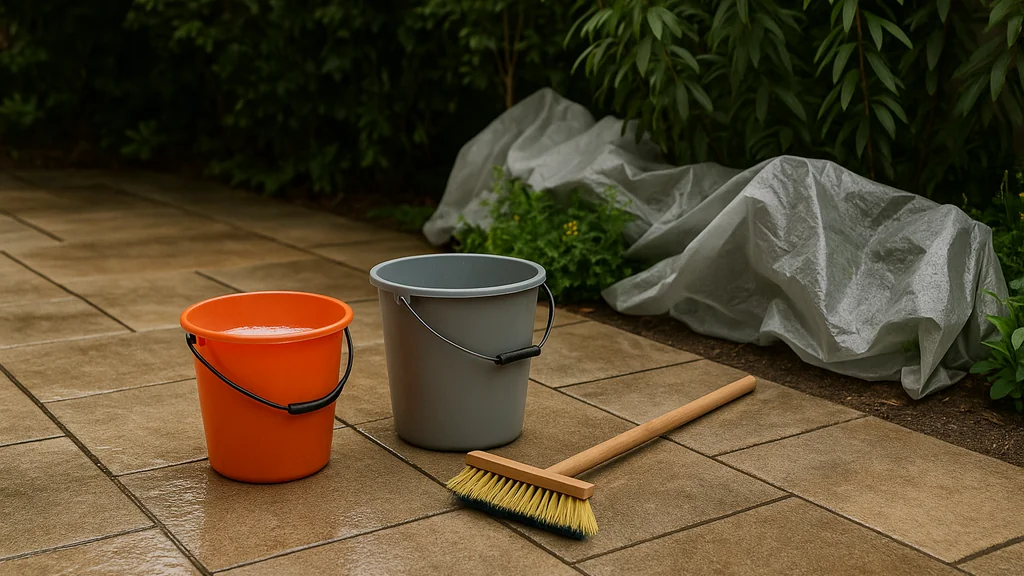 Nettoyant terrasse javel : scène réaliste de nettoyage sur carrelage extérieur avec seaux et brosse, végétaux protégés par bâche