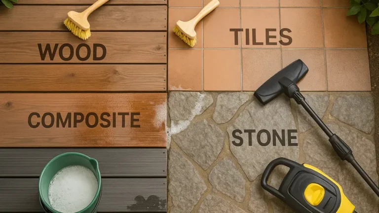 Nettoyer une terrasse : visuel multi-matériaux (bois, composite, carrelage, pierre) avec brosse et NHP, méthodes adaptées selon le revêtement