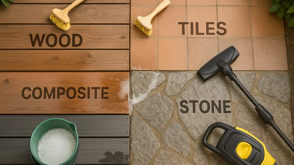 Nettoyer une terrasse : visuel multi-matériaux (bois, composite, carrelage, pierre) avec brosse et NHP, méthodes adaptées selon le revêtement