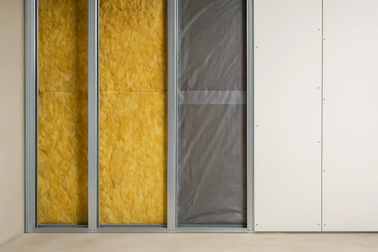 Doublage intérieur système Optima Placo : ossature métallique, laine minérale GR32, membrane d’étanchéité à l’air, parement en plaques de plâtre – vue de chantier, performance thermique et continuité d’isolant.