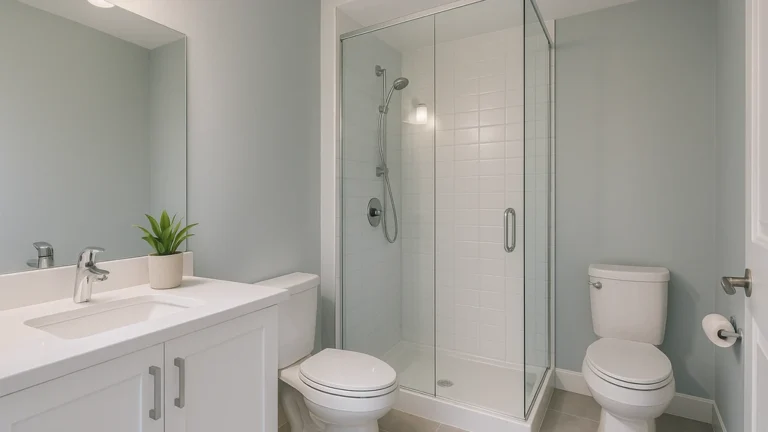Salle de bain moderne avec murs satin acrylique gris doux, douche vitrée carrelée et ventilation efficace — exemple de peinture pour salle de bain résistante à l’humidité