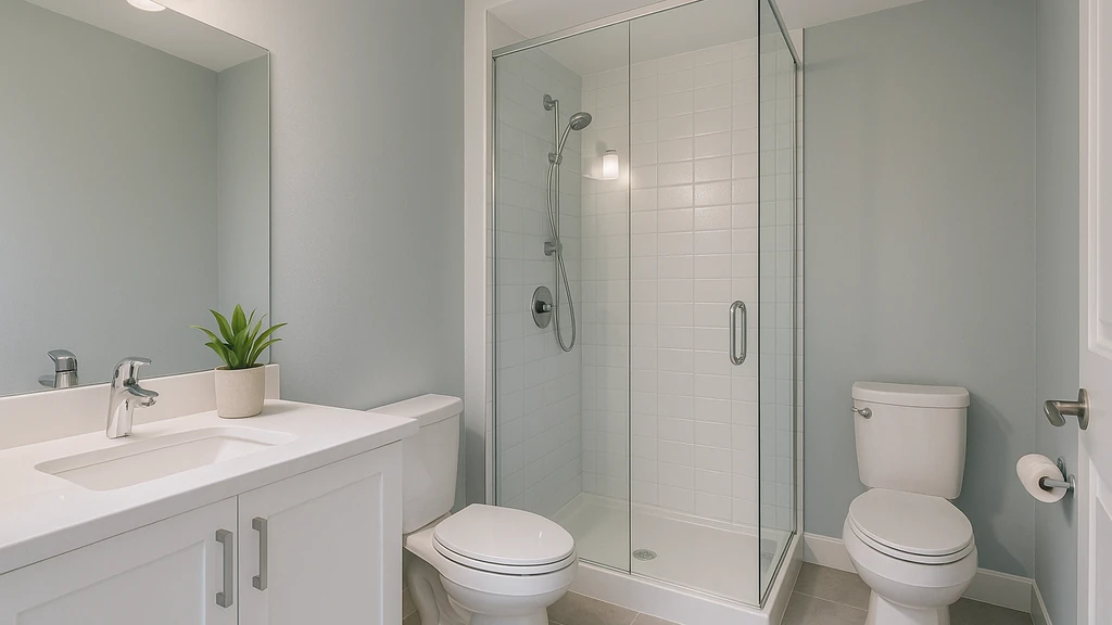 Salle de bain moderne avec murs satin acrylique gris doux, douche vitrée carrelée et ventilation efficace — exemple de peinture pour salle de bain résistante à l’humidité