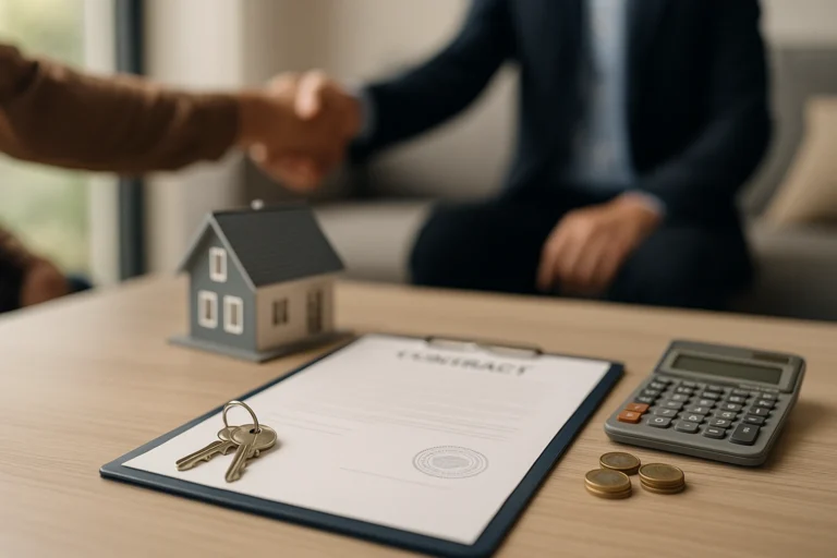 Portage immobilier : contrat sur clipboard, clés, mini-maison, calculatrice et poignée de main en arrière-plan, illustrant cession avec droit de rachat et loyer d’occupation