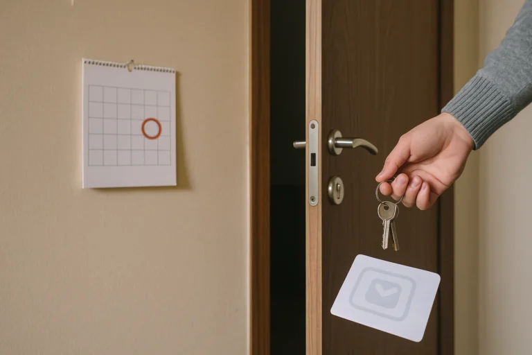 Préavis location meublée : main tenant des clés devant une porte d’appartement entrouverte, avec calendrier au mur suggérant une date de fin de bail