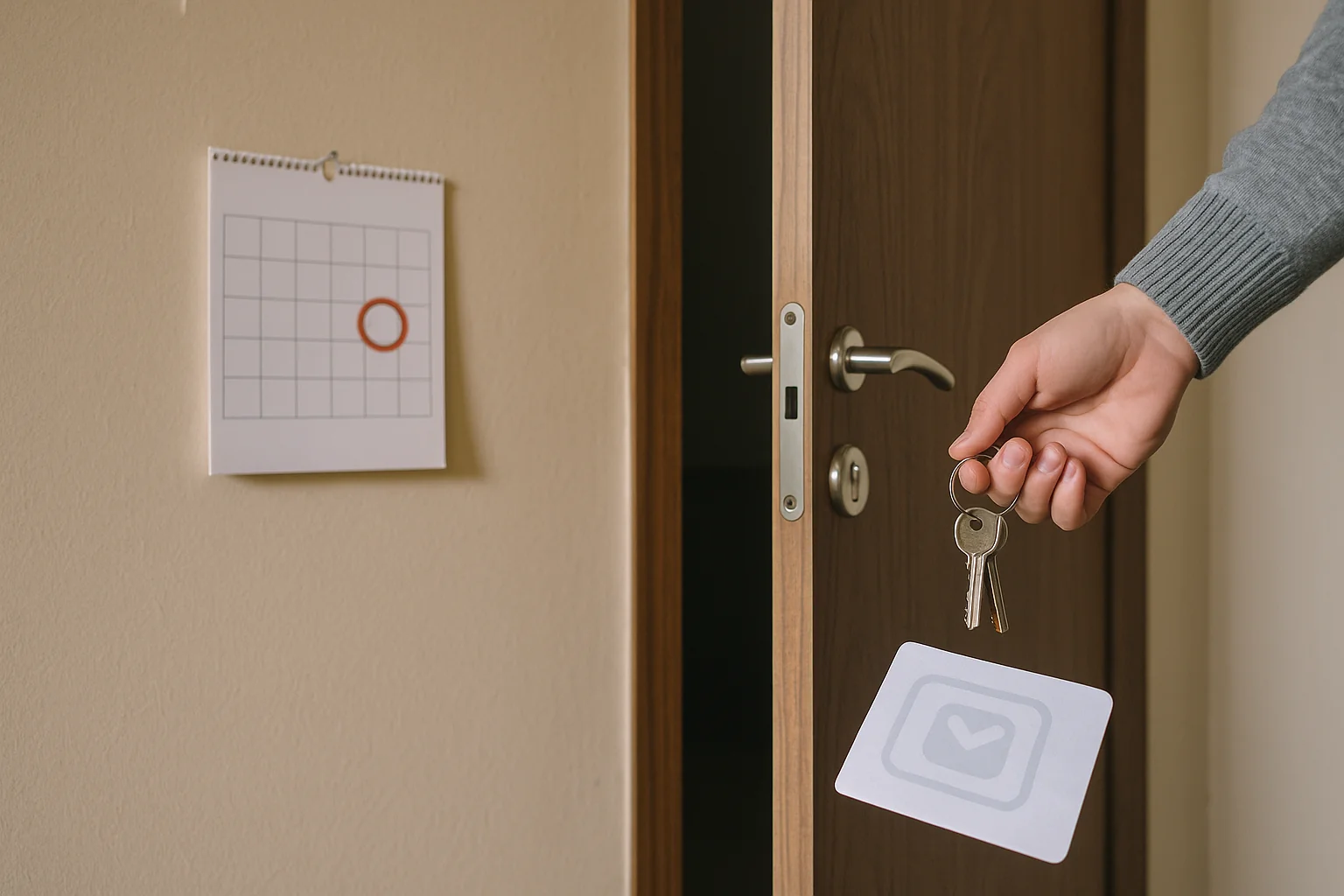 Préavis location meublée : main tenant des clés devant une porte d’appartement entrouverte, avec calendrier au mur suggérant une date de fin de bail