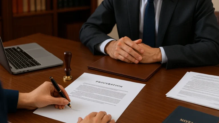 Procuration chez le notaire : signature d’un mandat sur bureau avec tampon, notaire en costume et documents — procédure authentique ou sous seing privé.