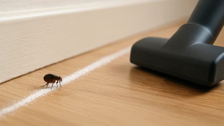 Puce de parquet sur sol en bois près d’un cordon de terre de diatomée avec embout d’aspirateur — traitement naturel et aspiration ciblée