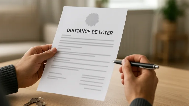 Quittance de loyer : mains tenant un document devant des clés sur une table, intérieur d’appartement en arrière-plan