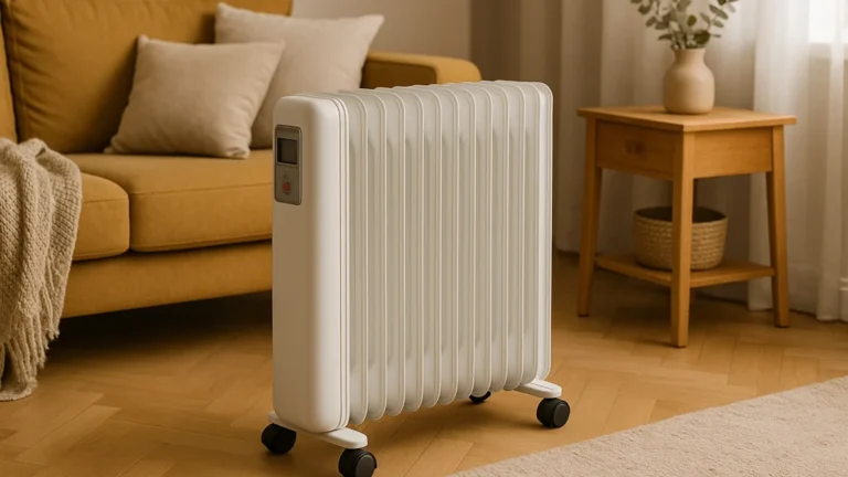 Radiateur à inertie mobile 2000 W sur roulettes dans un salon, cœur céramique/fonte, chaleur douce et stable, thermostat précis et programmation