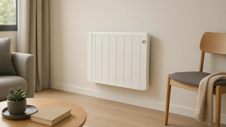 Radiateur mural électrique à inertie dans un séjour moderne, chaleur douce et stable, installation murale conforme