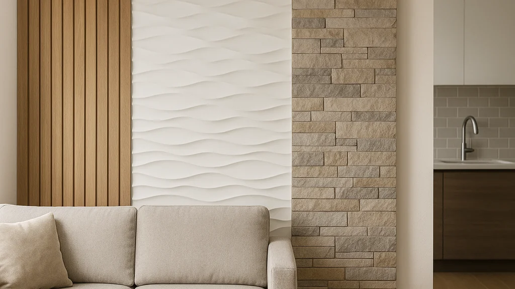 Mur intérieur moderne avec trois revêtements : lambris bois, panneaux 3D ondulés et parement pierre — exemple de revêtement mural pour salon lumineux