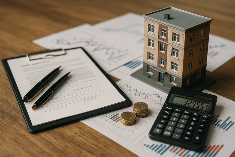 SCPI à crédit : contrat de prêt sur clipboard, calculatrice, piles de pièces et maquette d’immeuble, illustrant mensualité, loyers et effet de levier