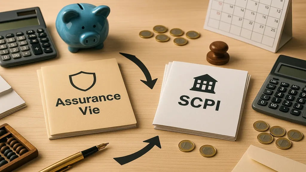 Comparatif SCPI en assurance vie : bureau avec documents financiers, calculatrices, pièces, tirelire et stylo, illustrant frais, fiscalité et liquidité