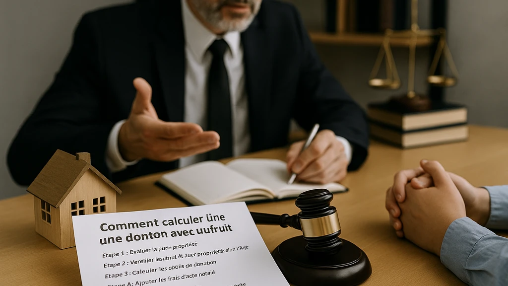 Donation immobilière avec usufruit : rendez-vous chez le notaire, document et maquette de maison sur le bureau, illustration des droits et frais à calculer.